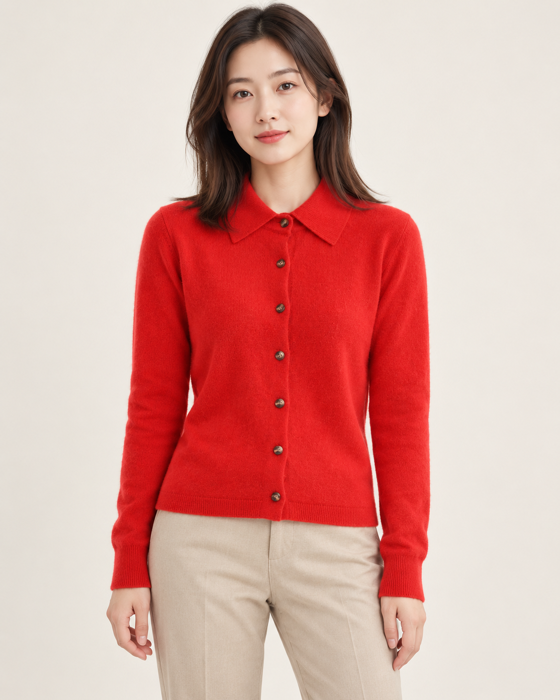 Red polo-collar cardigan on a model