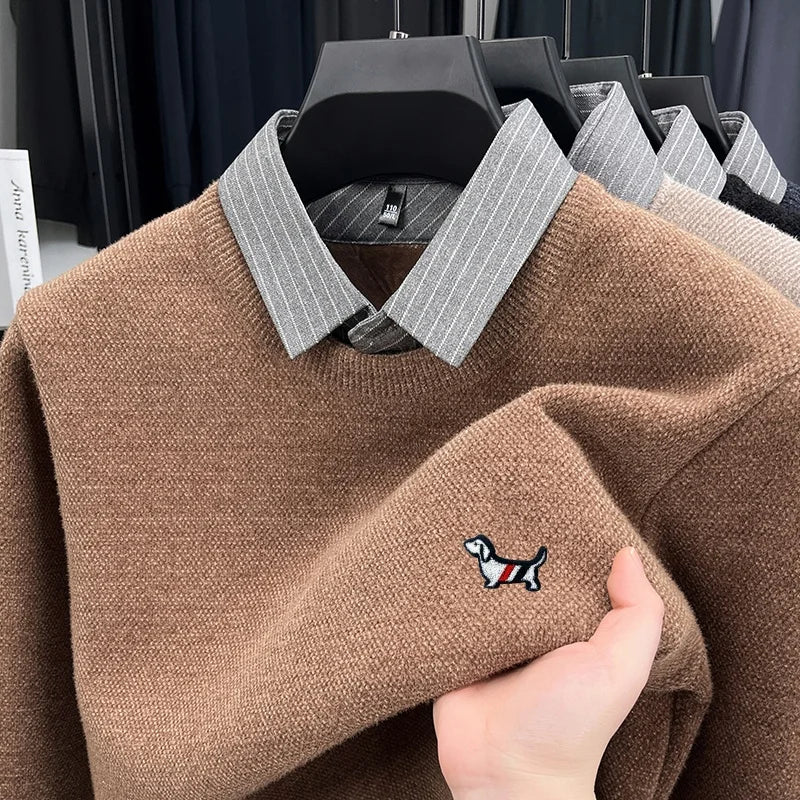 Men's Color-Block Dog Print Knit Sweater