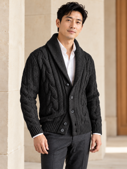 Male model wearing black cable-knit shawl-collar cardigan