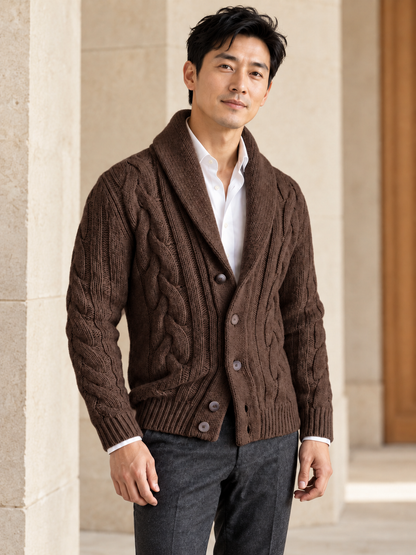 Male model wearing brown cable-knit shawl-collar cardigan
