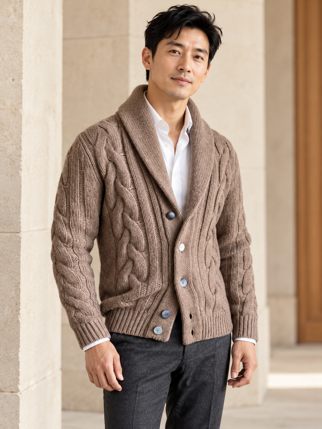 Male model wearing khaki cable-knit shawl-collar cardigan