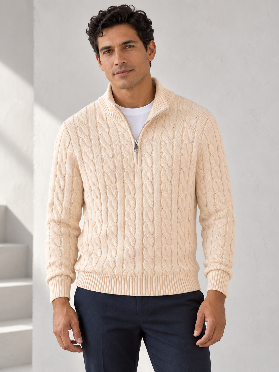 Men's apricot cotton cable half-zip sweater on model