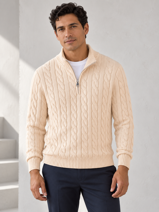 Men's apricot cotton cable half-zip sweater on model