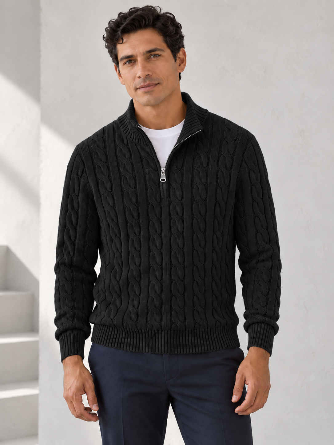 Men's black cotton cable half-zip sweater on model
