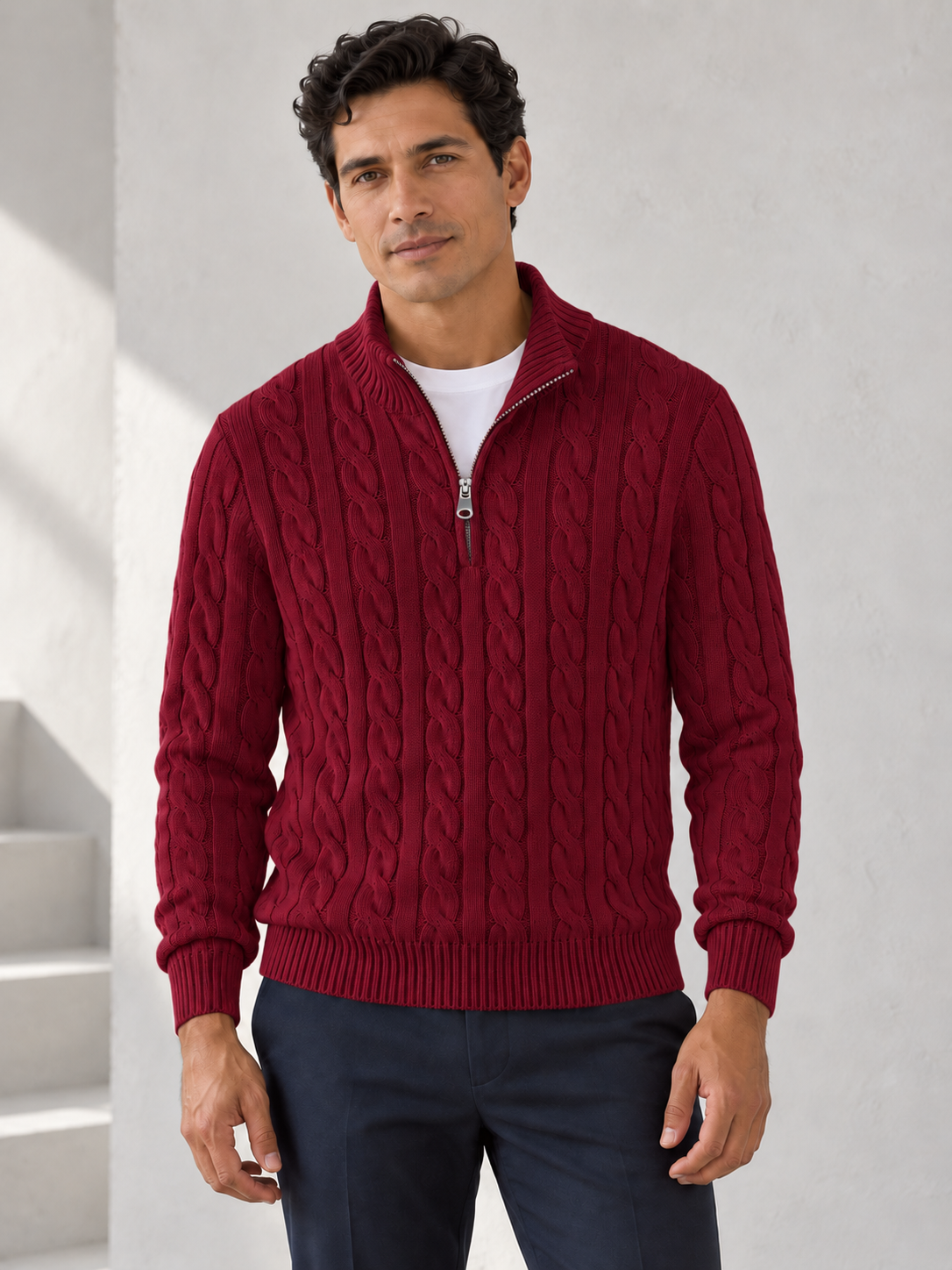 Men's burgundy cotton cable half-zip sweater on model