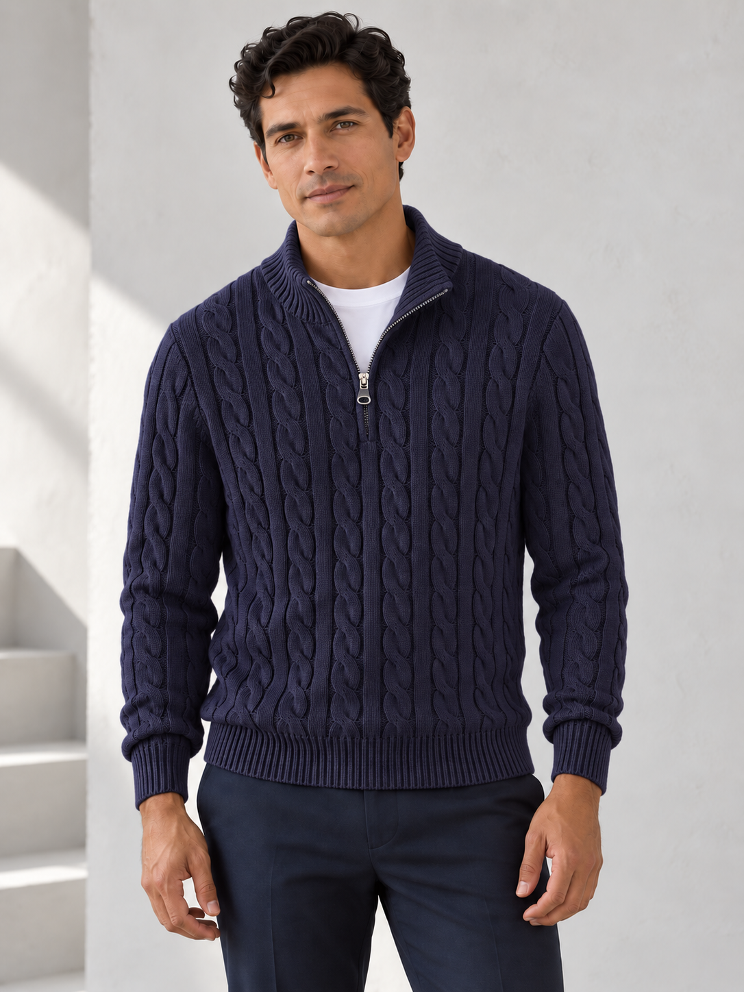 Men's dark navy cotton cable half-zip sweater on model