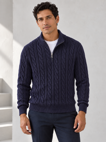 Men's dark navy cotton cable half-zip sweater on model