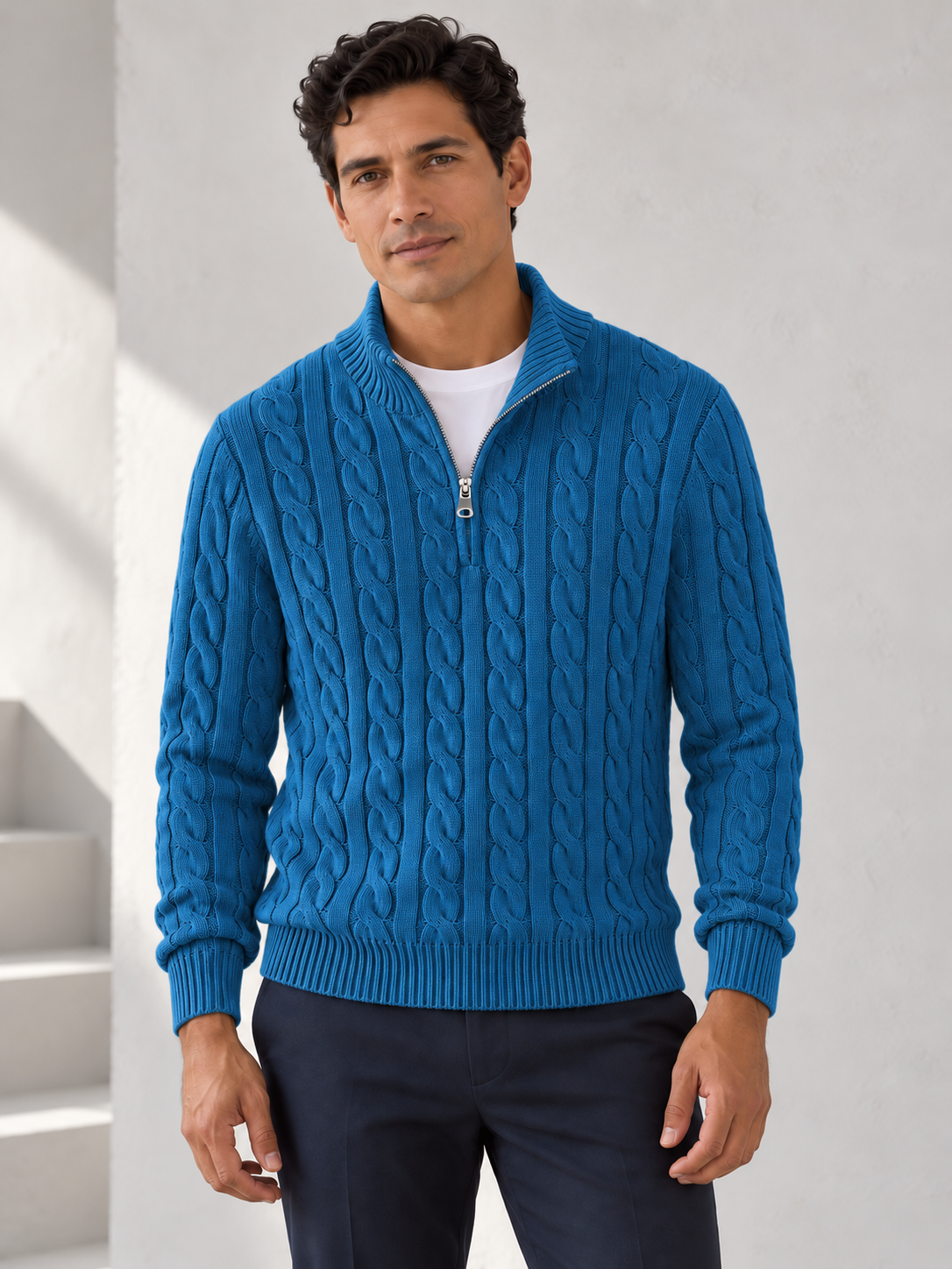 Men's deep blue cotton cable half-zip sweater on model