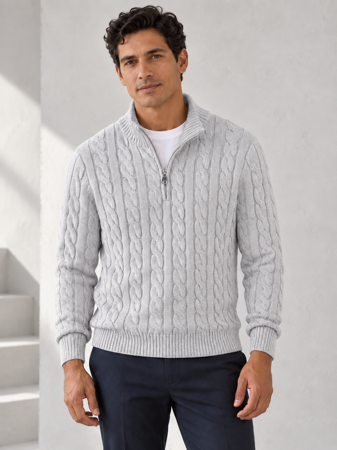 Men's gray cotton cable half-zip sweater on model