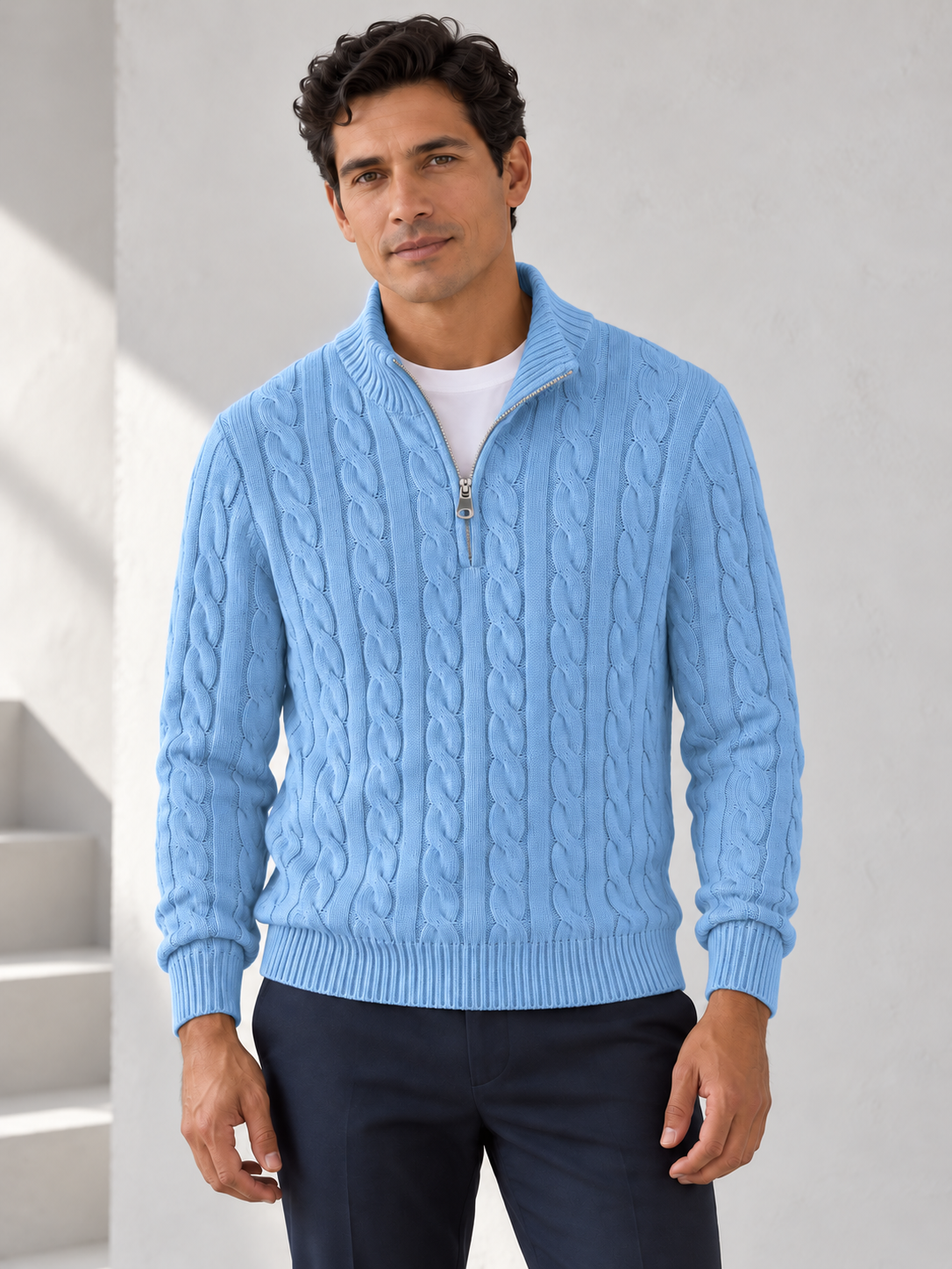 Men's light blue cotton cable half-zip sweater on model