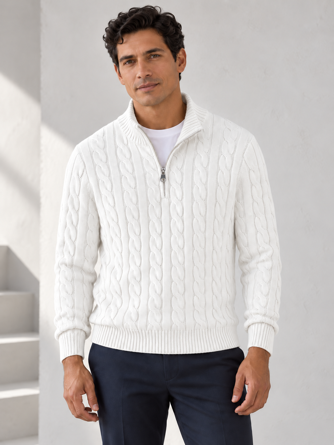 Men's white cotton cable half-zip sweater on model