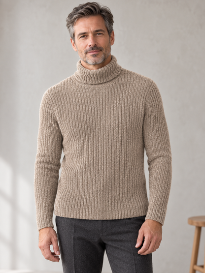 Men's beige ribbed chenille turtleneck on model