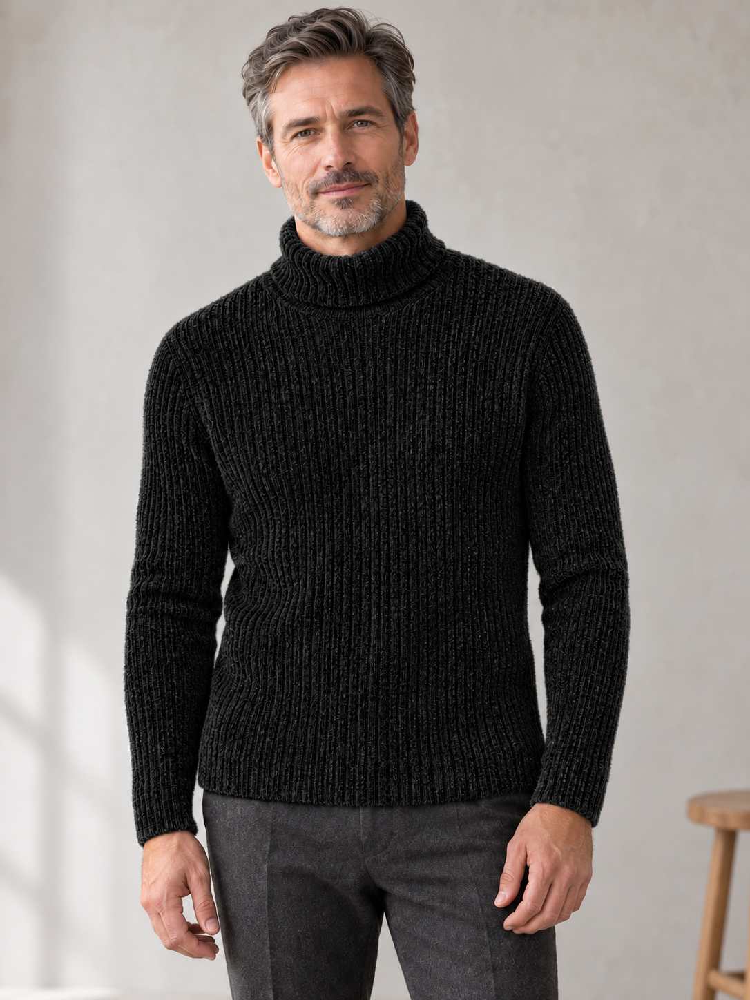 Men's black ribbed chenille turtleneck on model