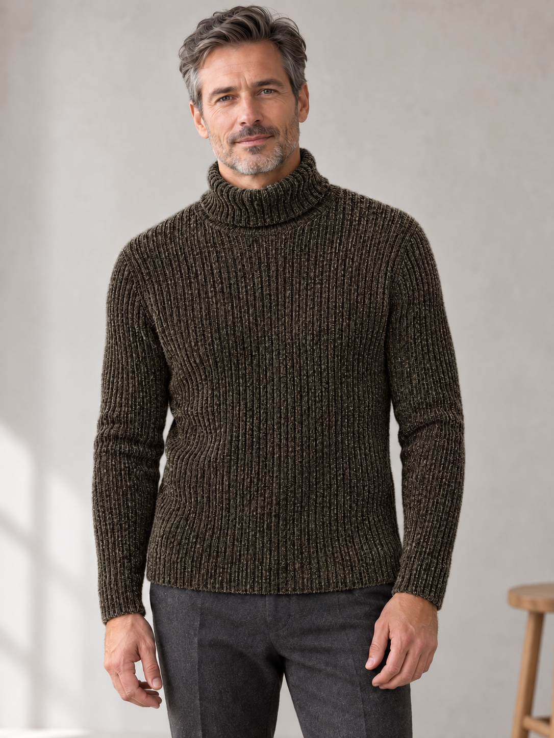Men's brown ribbed chenille turtleneck on model