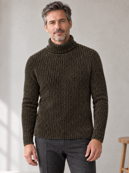 Men's brown ribbed chenille turtleneck on model
