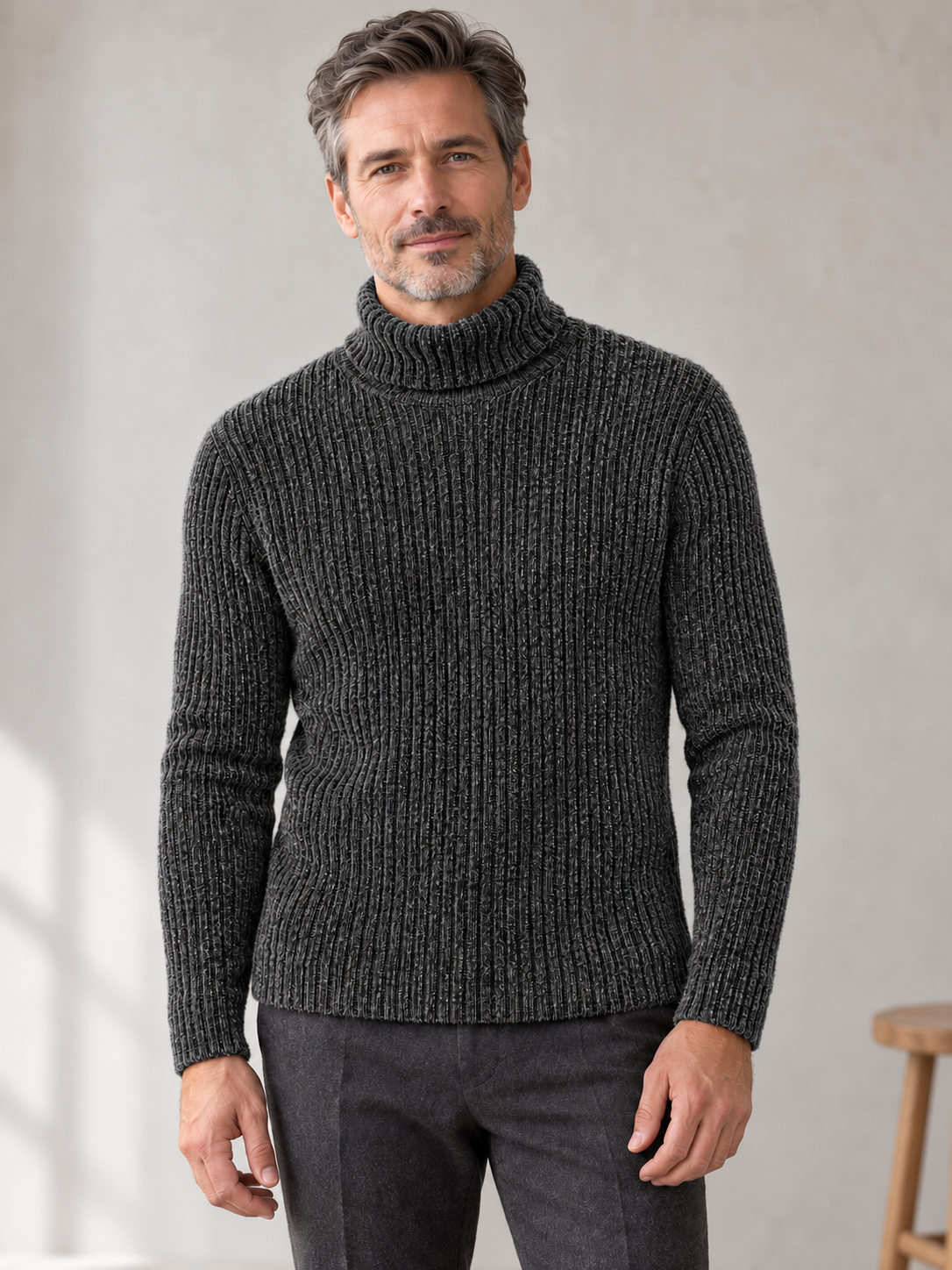 Men's gray ribbed chenille turtleneck on model