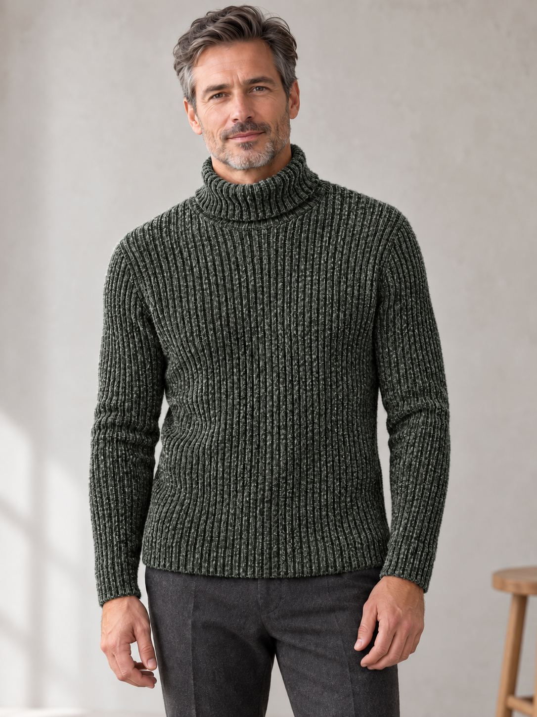 Men's green ribbed chenille turtleneck on model