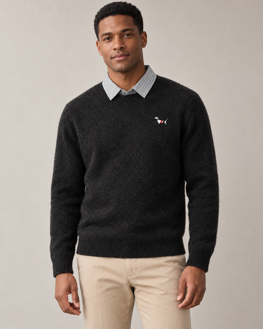 Black dog embroidered knit sweater with striped collar on a model
