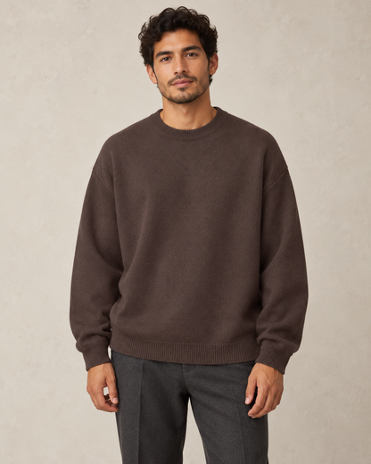 Coffee brown relaxed crewneck sweater on a model