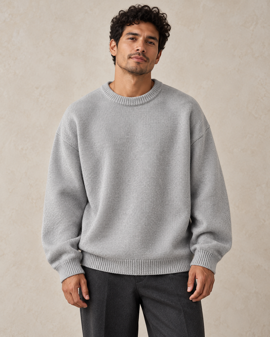 Light gray relaxed crewneck sweater on a model