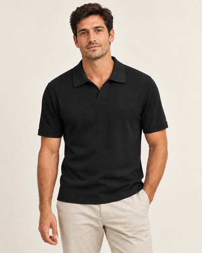 Black short-sleeve knit polo on a model