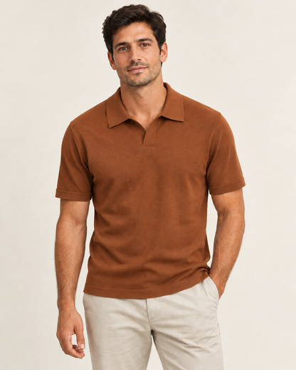 Copper brown short-sleeve knit polo on a model