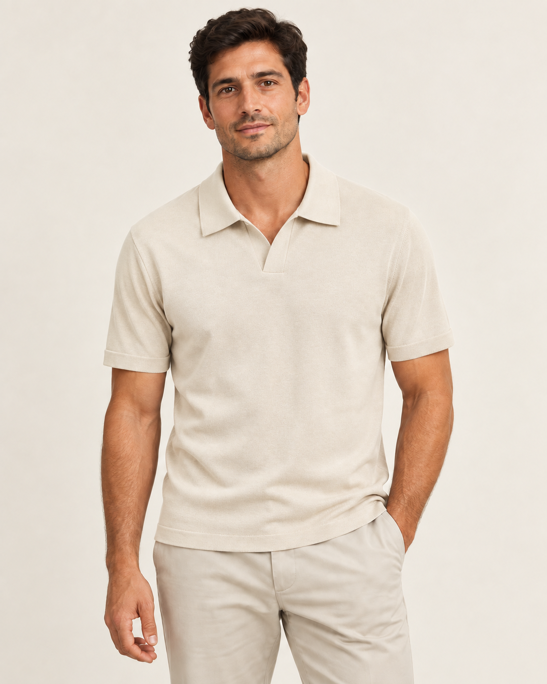 Cream beige short-sleeve knit polo on a model