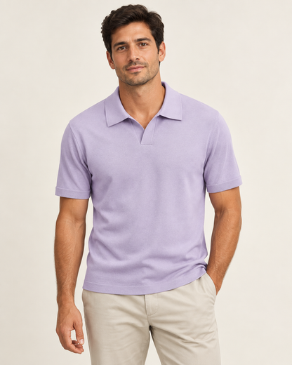 Lavender short-sleeve knit polo shirt on a model