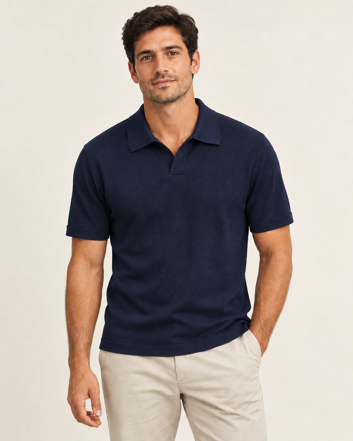 Navy blue short-sleeve knit polo on a model