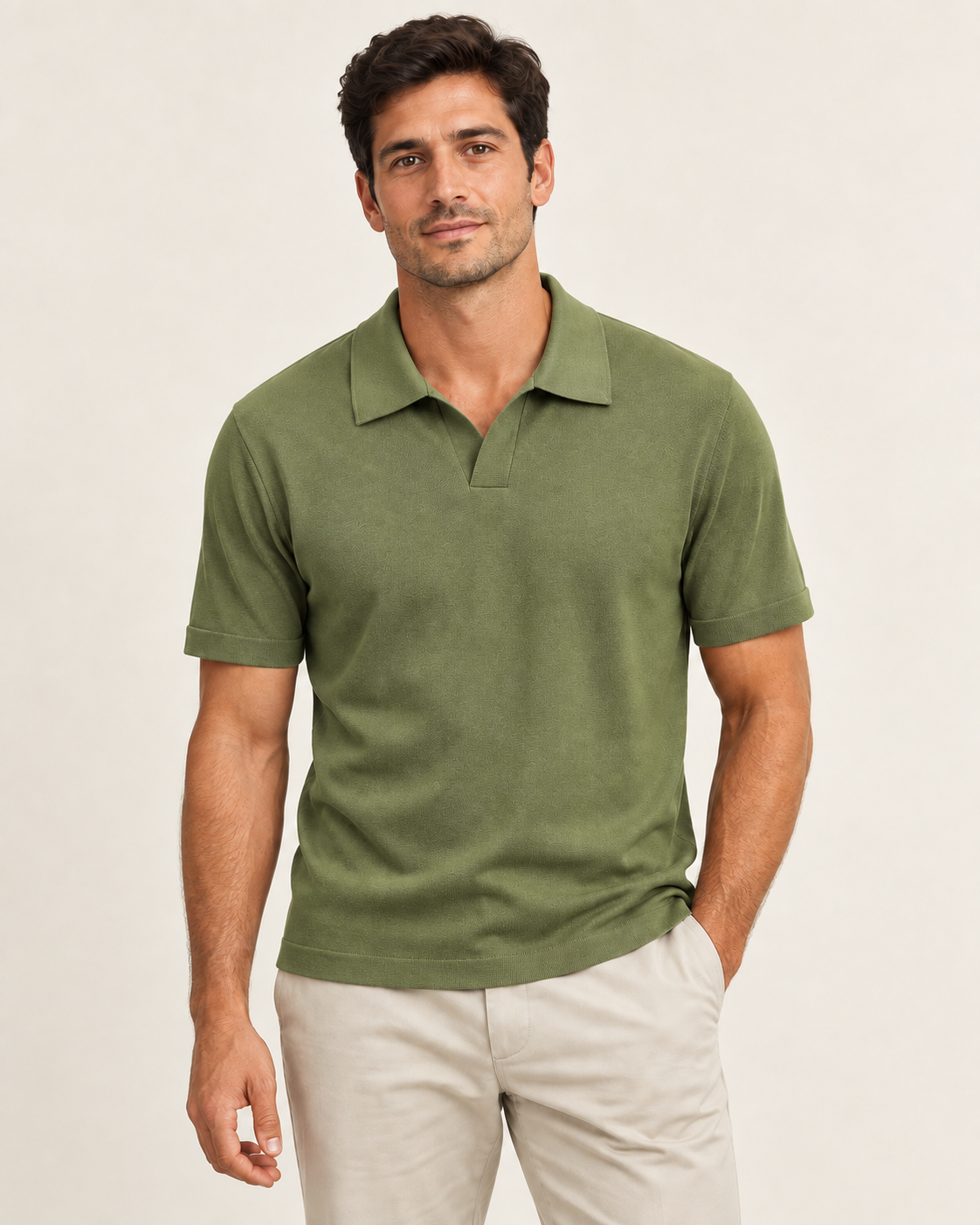 Olive green short-sleeve knit polo on a model