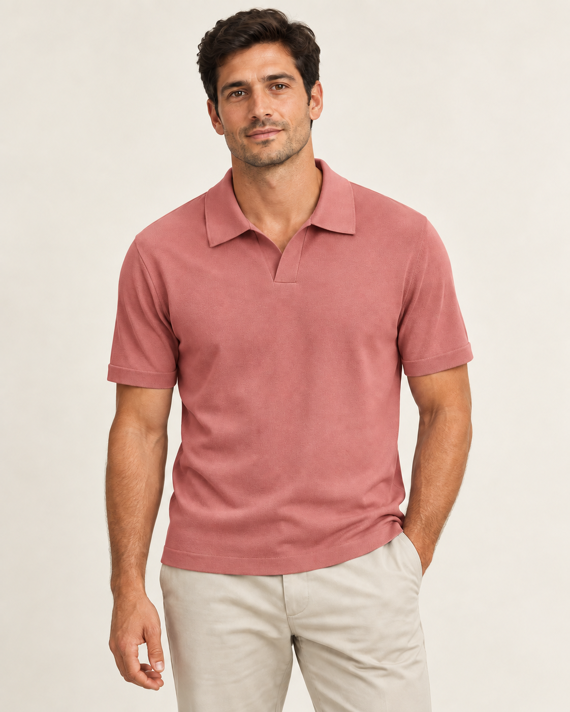 Dusty rose short-sleeve knit polo on a model