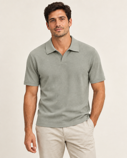 Sage gray short-sleeve knit polo on a model