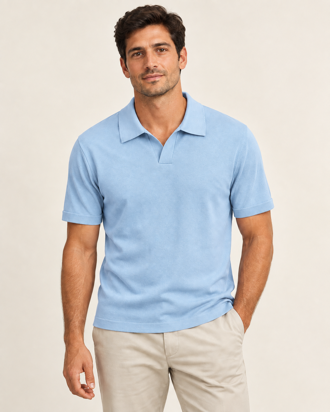 Sky blue short-sleeve knit polo on a model