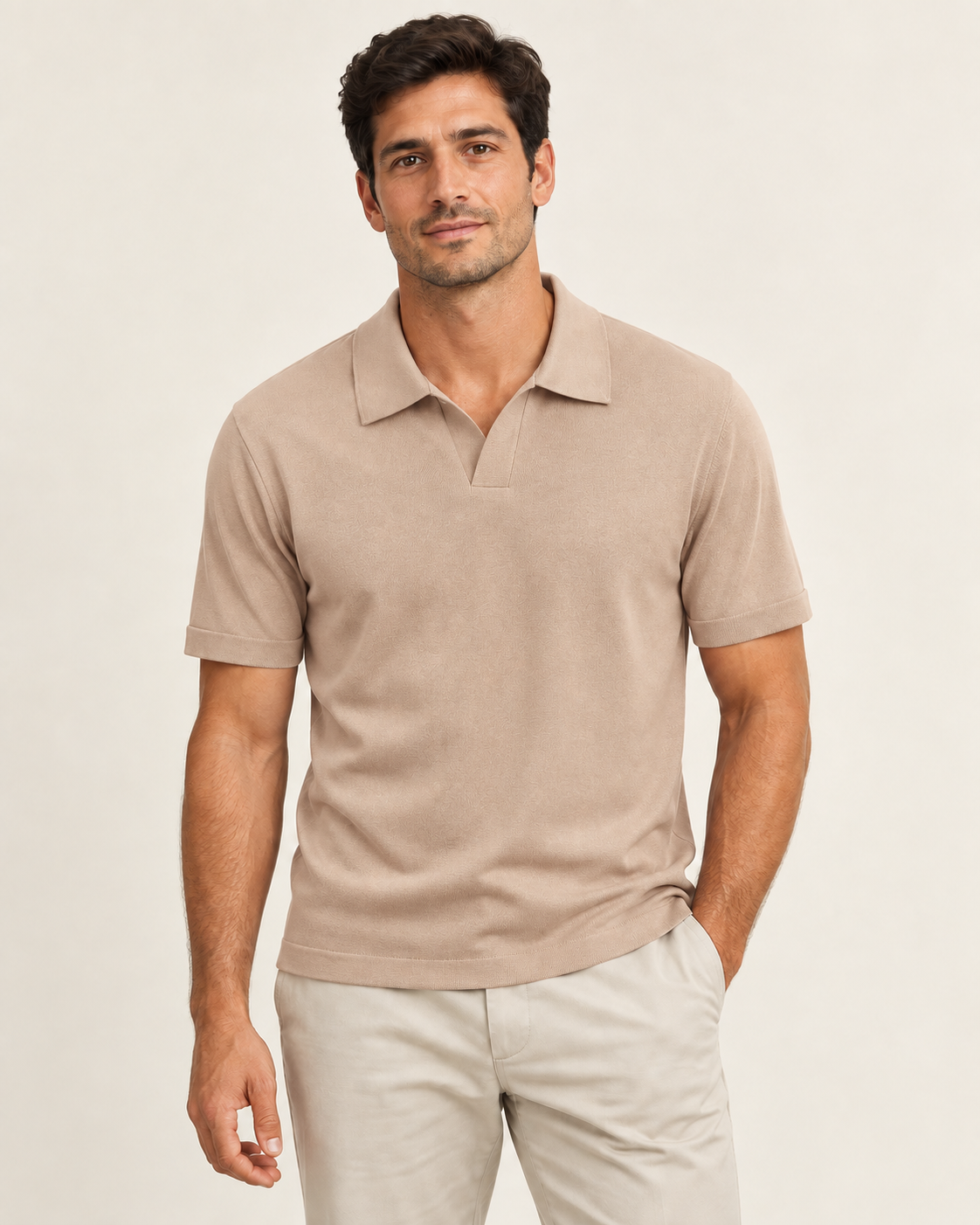 Tan taupe short-sleeve knit polo on a model