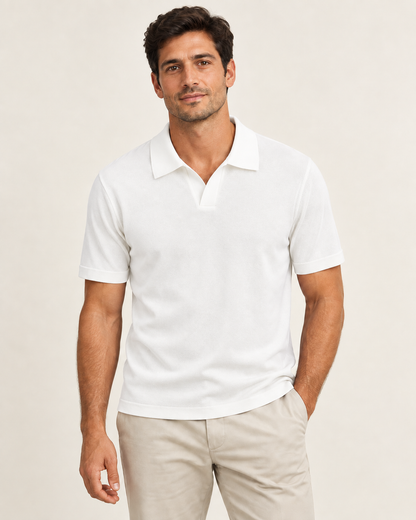 White short-sleeve knit polo shirt on a model