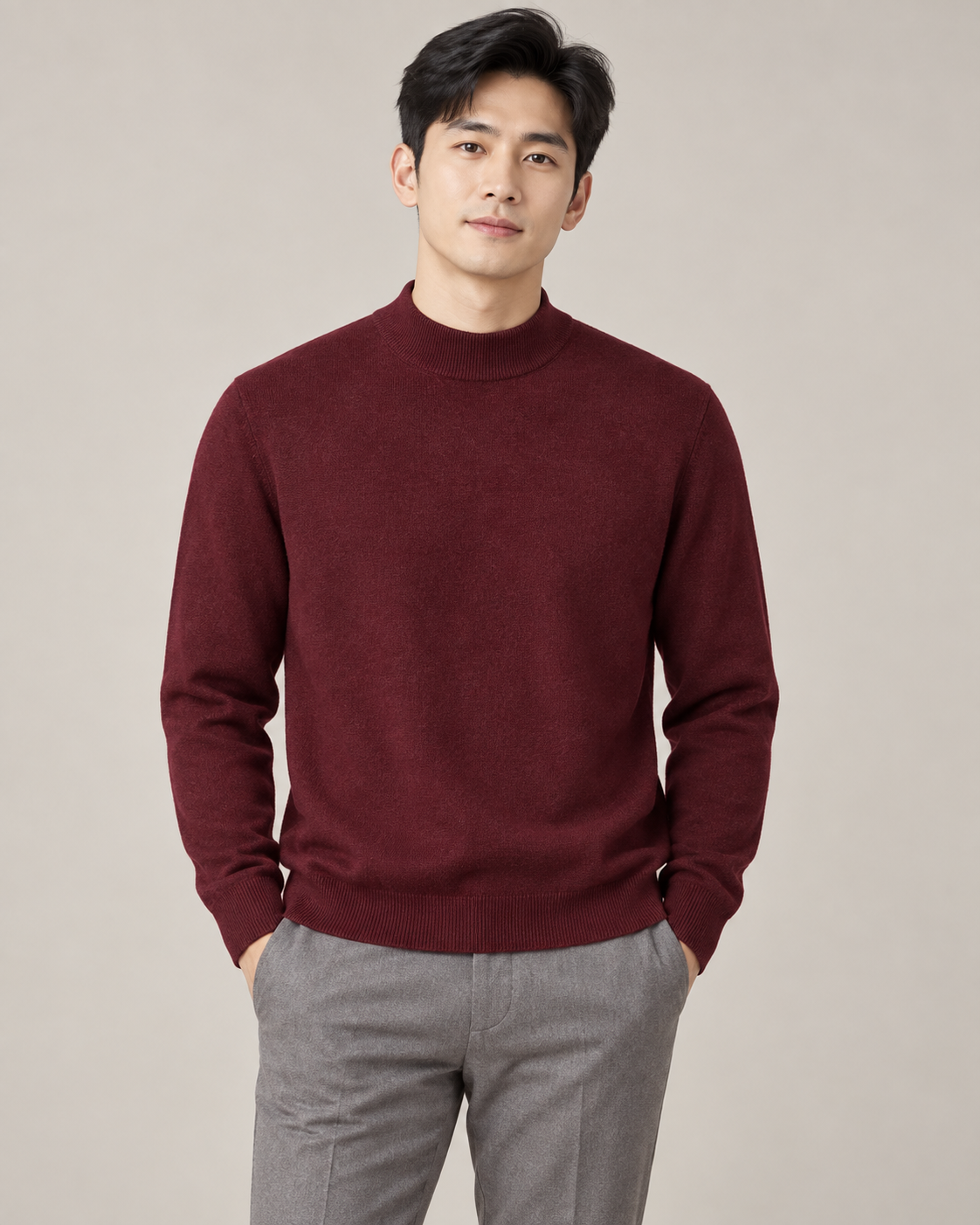Burgundy mock-neck sweater on a model