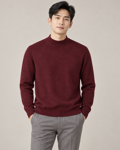 Burgundy mock-neck sweater on a model
