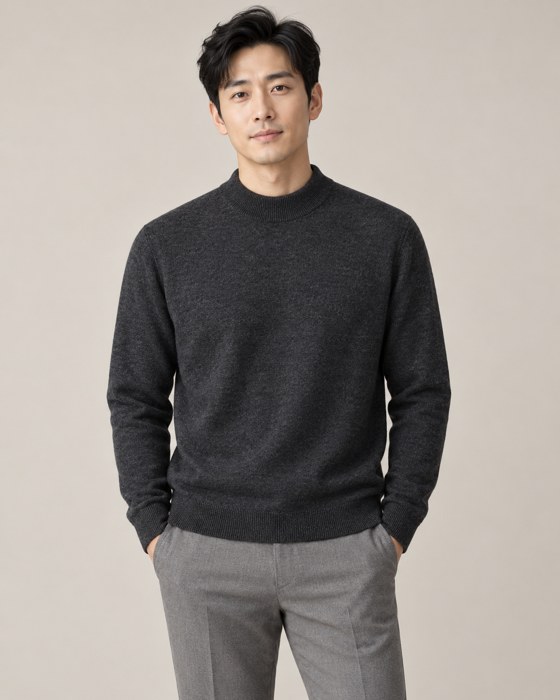 Dark gray mock-neck sweater on a model