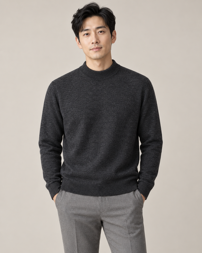 Dark gray mock-neck sweater on a model