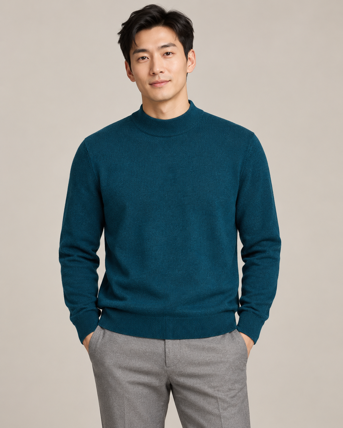 Deep teal mock-neck sweater on a model