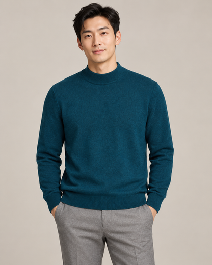Deep teal mock-neck sweater on a model