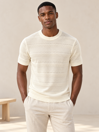Men's ivory openwork knit T-shirt on model
