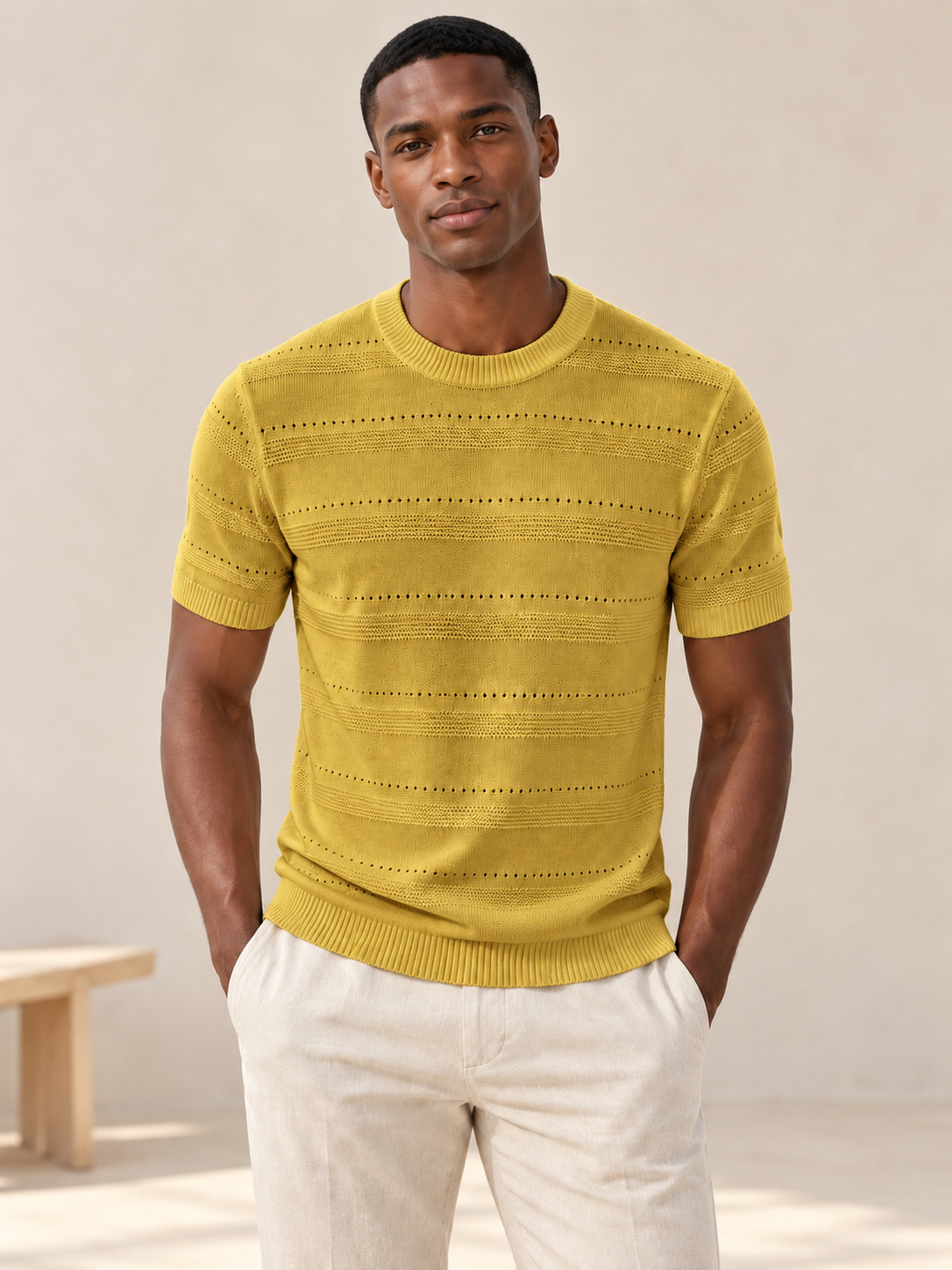 Men's mustard yellow openwork knit T-shirt on model