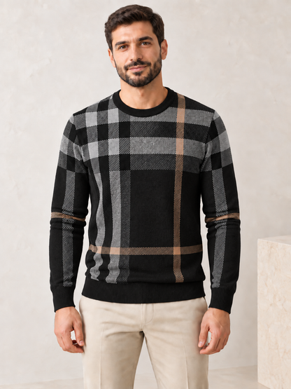 Men's black plaid knit sweater on model