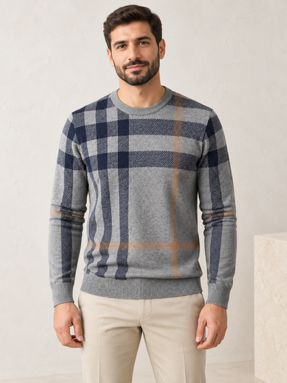 Men's gray plaid knit sweater on model