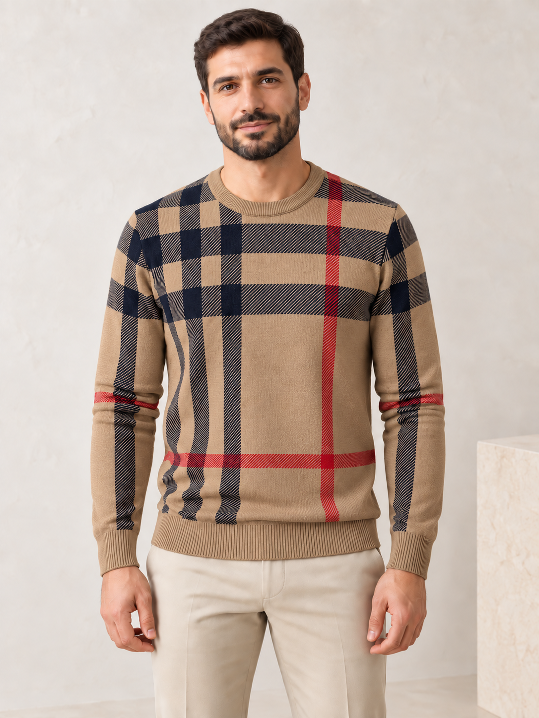 Men's khaki plaid knit sweater on model
