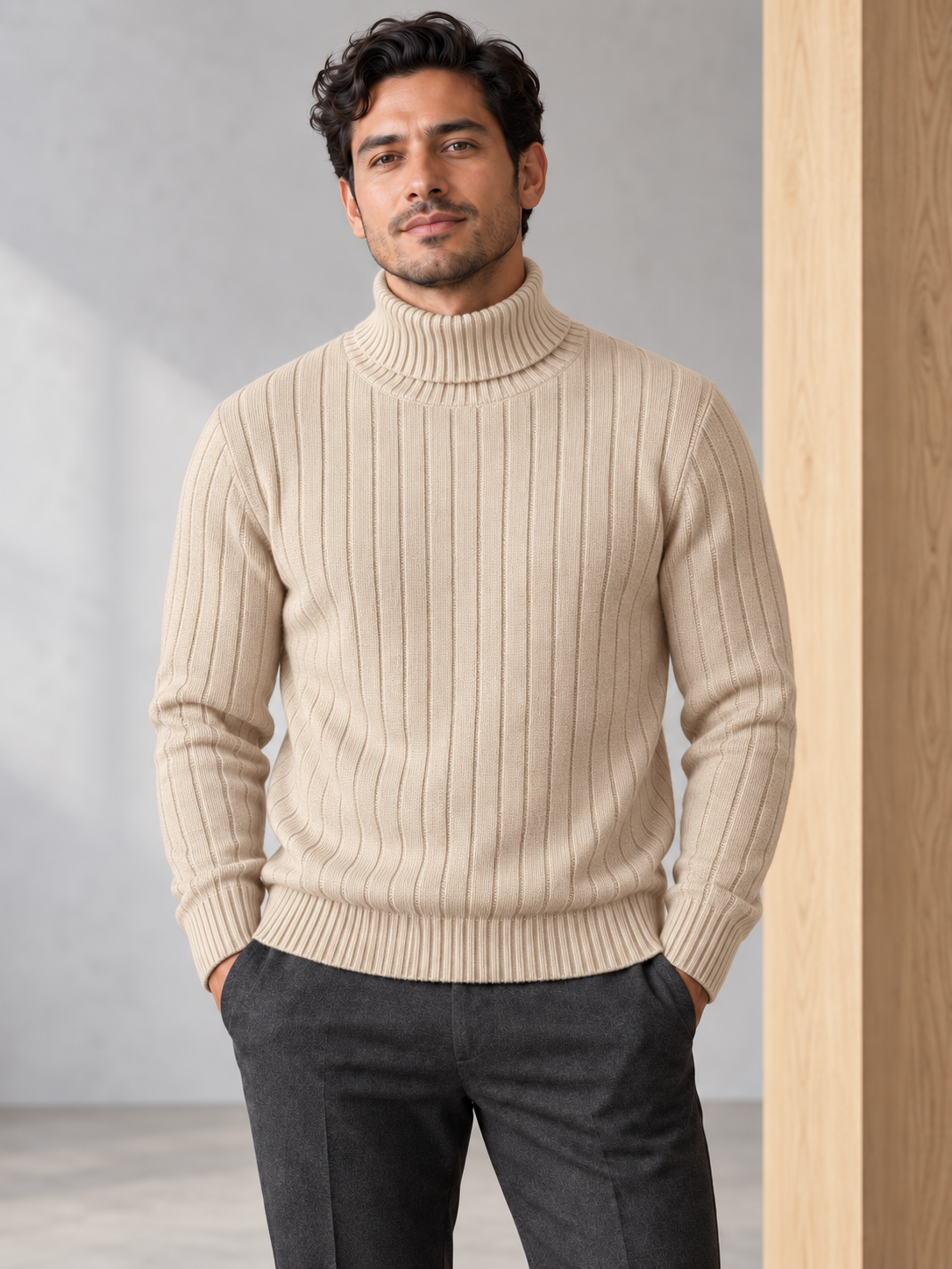 Men's vertically ribbed turtleneck sweater in beige on model