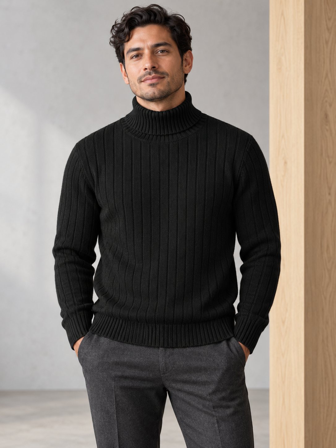 Men's vertically ribbed turtleneck sweater in black on model