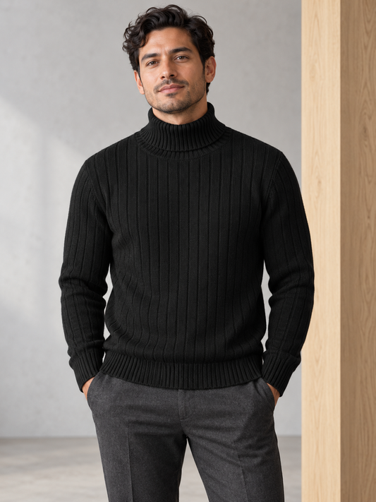 Men's vertically ribbed turtleneck sweater in black on model