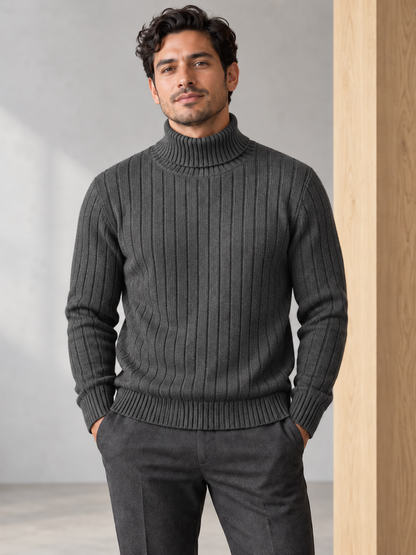 Men's vertically ribbed turtleneck sweater in dark-gray on model